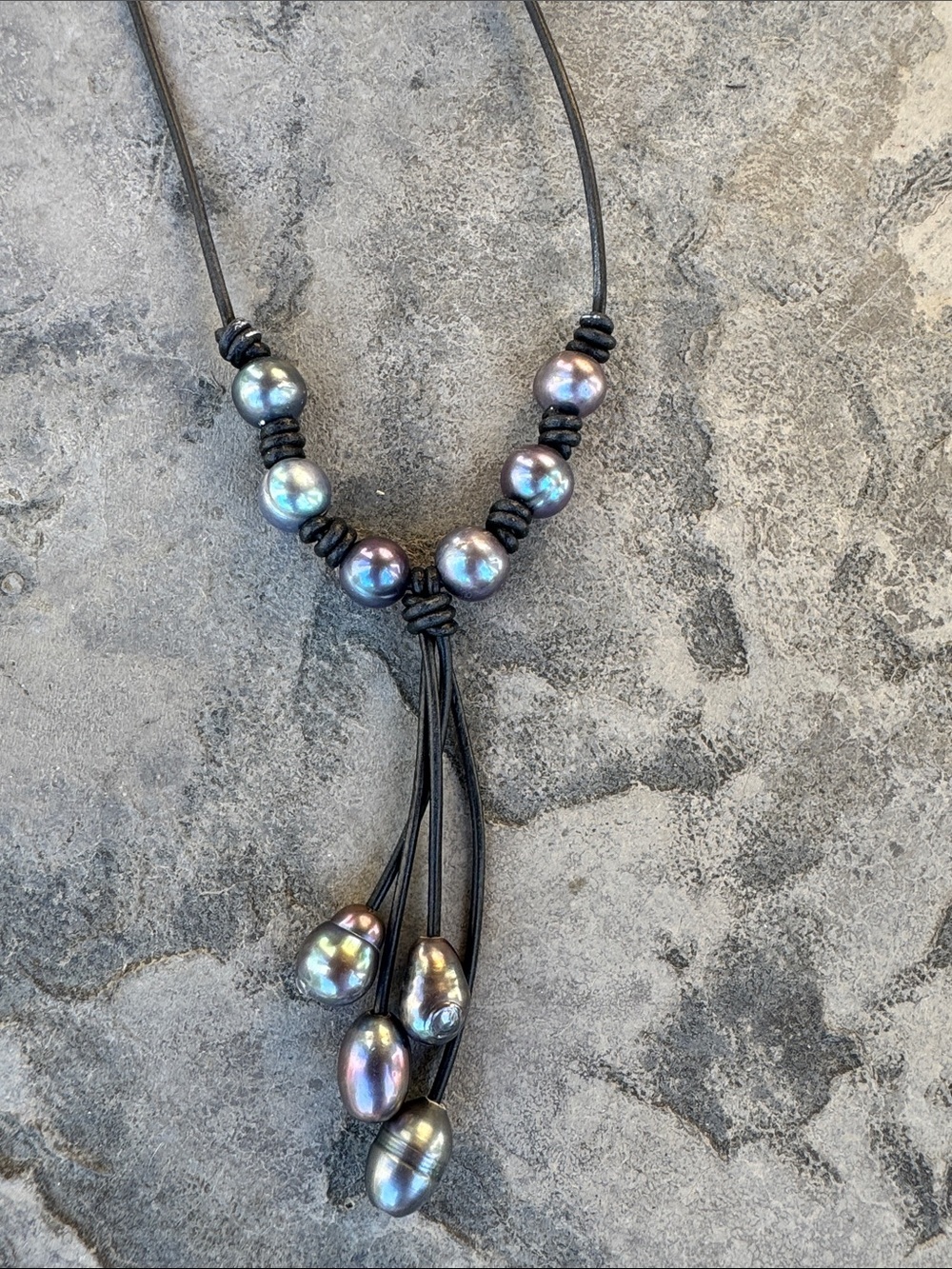 Black leather and faux pearl Necklace Handmade! Boho tassels